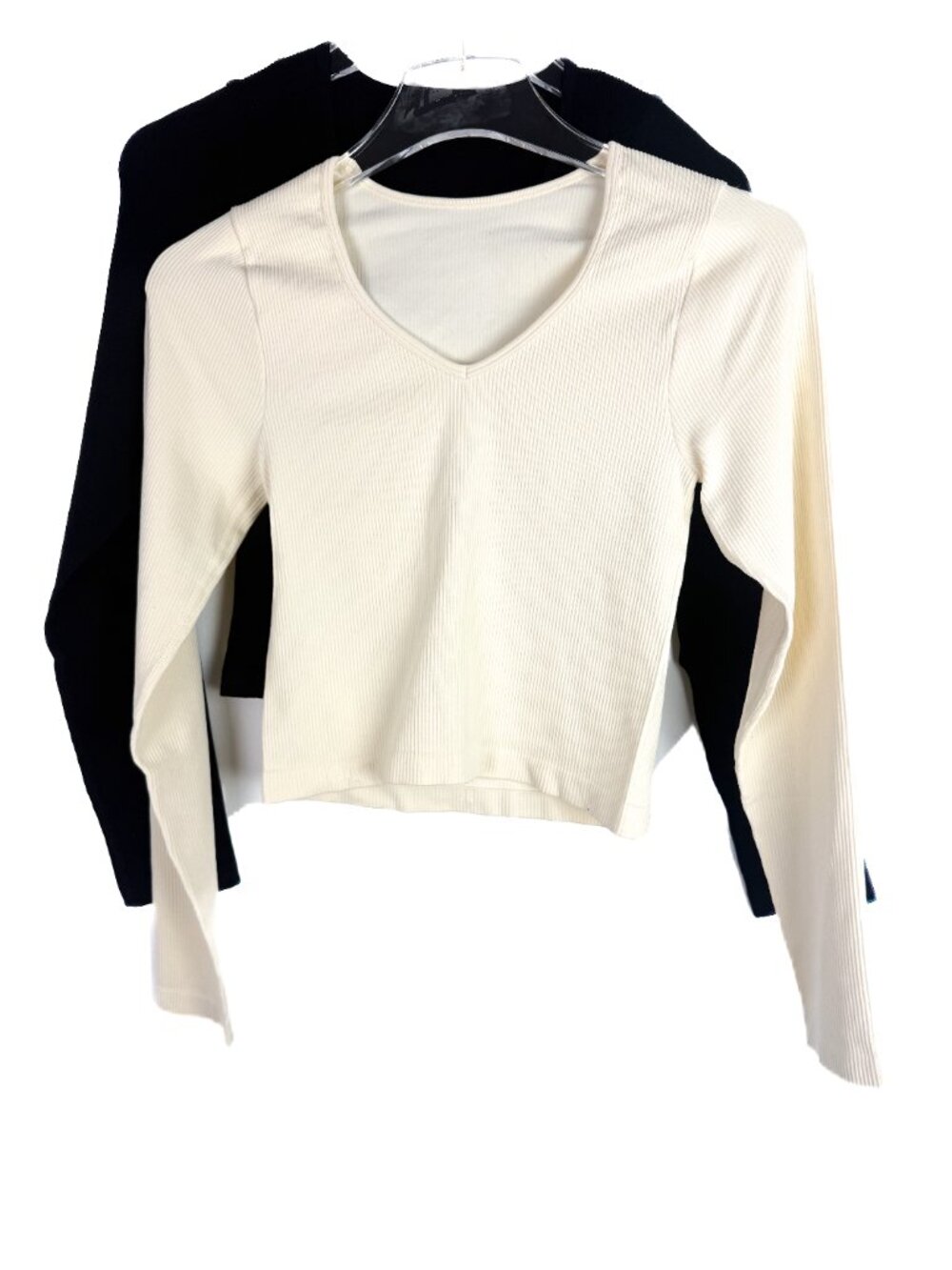 NEW OQQ Ribbed V-Neck Long Sleeve Cropped Top Tee Set of 2 Black Ivory Medium M